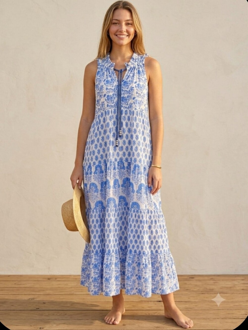 Calypso St. Barth Daria Floral Block Print Tiered Maxi Dress Size Medium